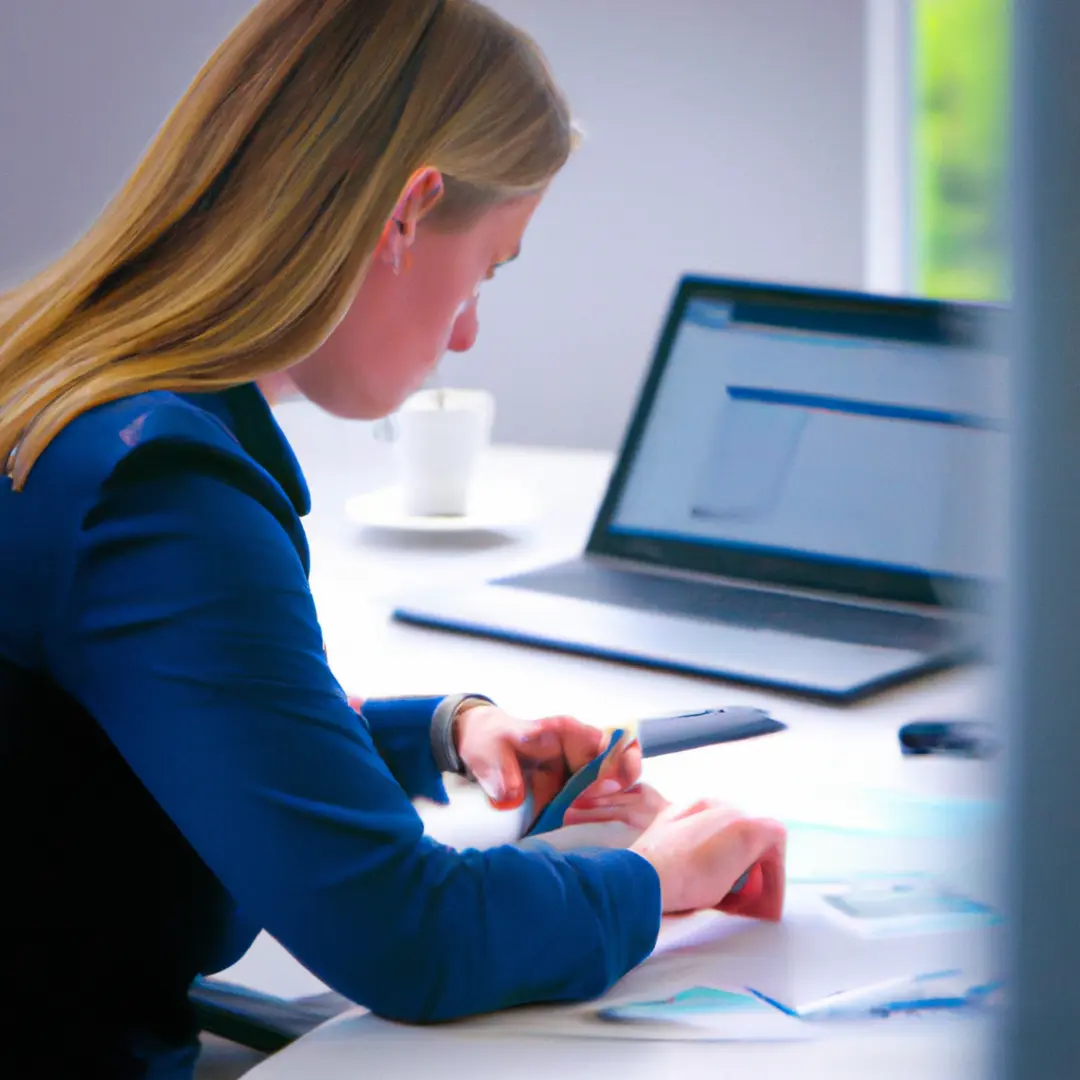 A professional business woman analyzing financial documents with an Accredited Investor badge on the desk.