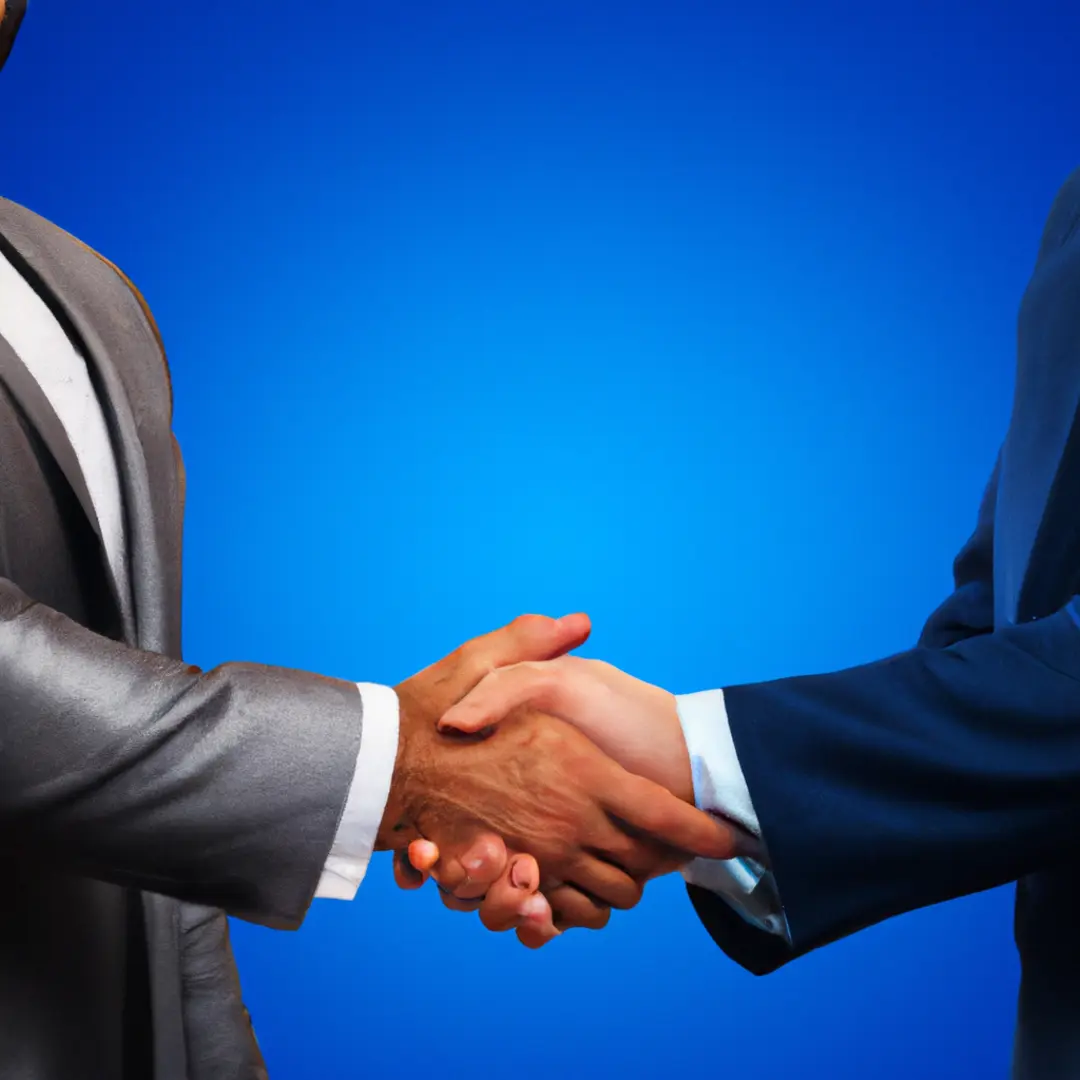 Two businessmen shaking hands, symbolizing business partnership and collaboration.