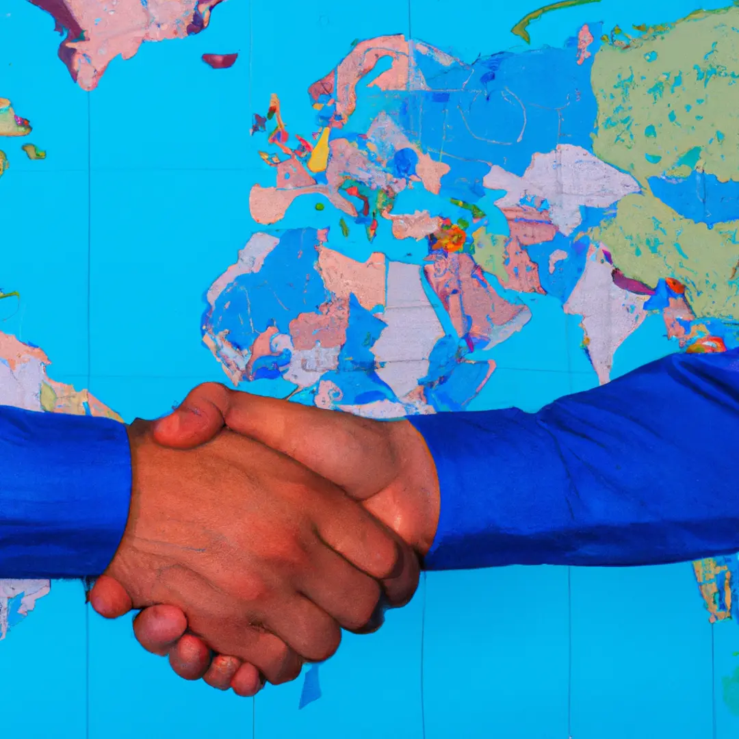 Two hands shaking in front of a world map, symbolizing global business partnerships and expanded market reach.