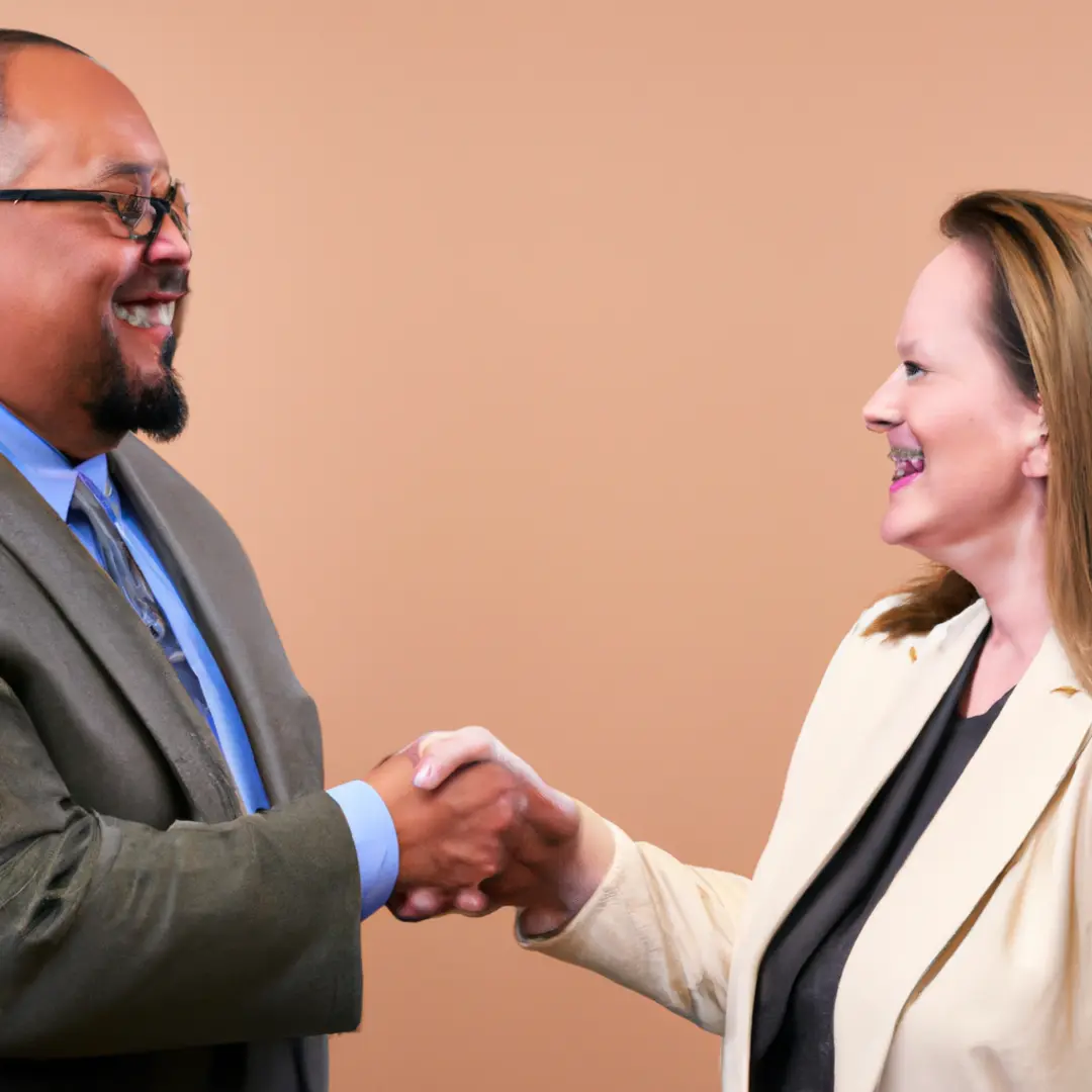 Two people shaking hands with smiles, representing successful conflict resolution in business partnerships.