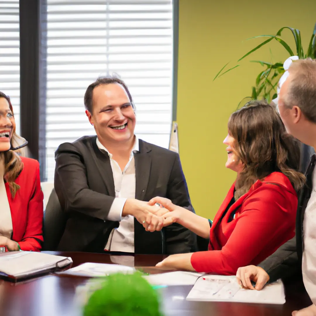 Business professionals shaking hands in a boardroom, symbolizing successful business partnerships and collaboration.