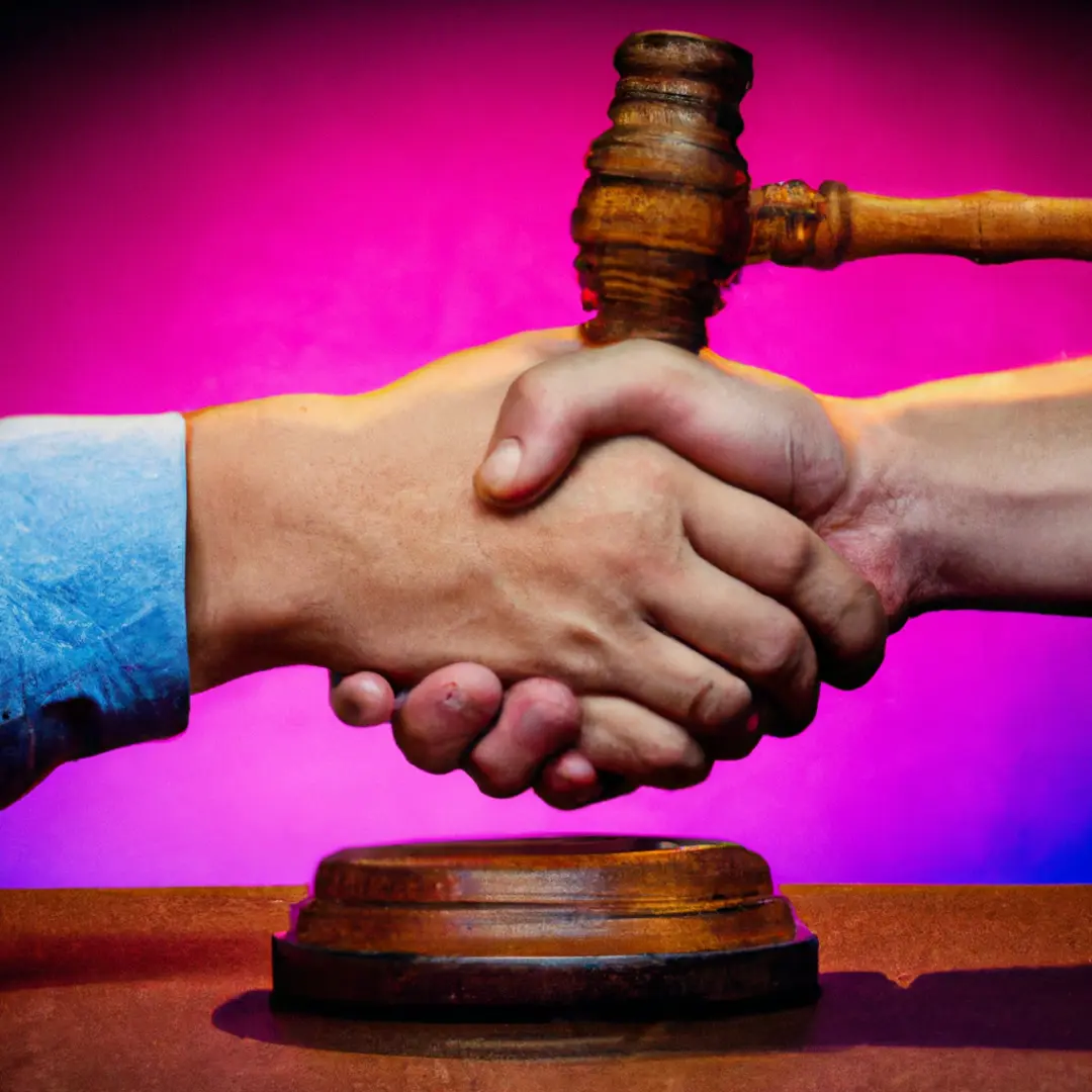 Two shaking hands with a gavel symbolizes building strong business partnerships with legal support.