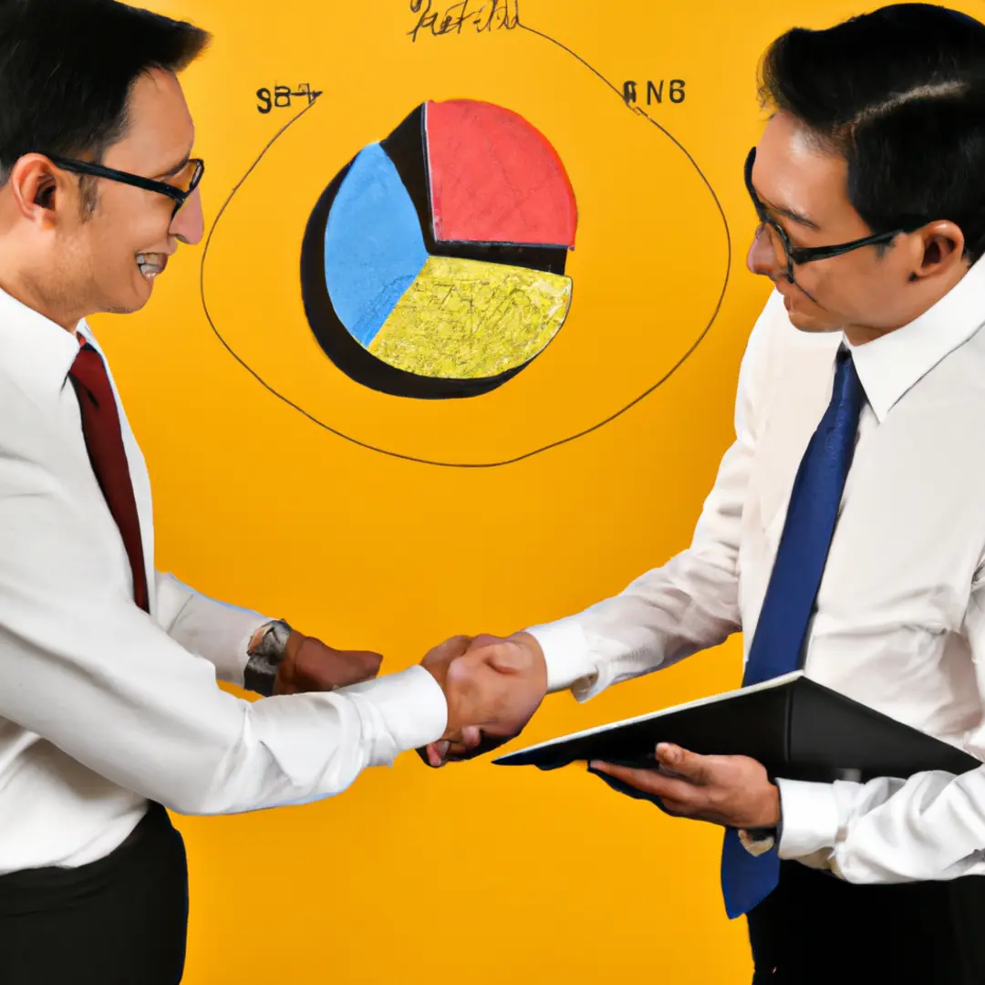 Business partners shaking hands with a pie chart representing increased customer reach and growth.