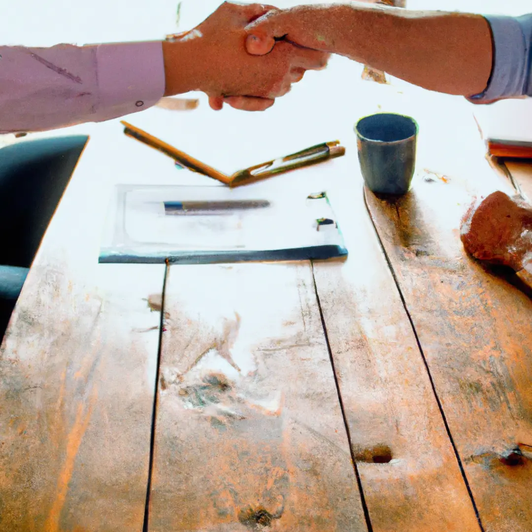 Two hands shaking over a table with documents. Negotiating a buyout strategy in business partnerships.