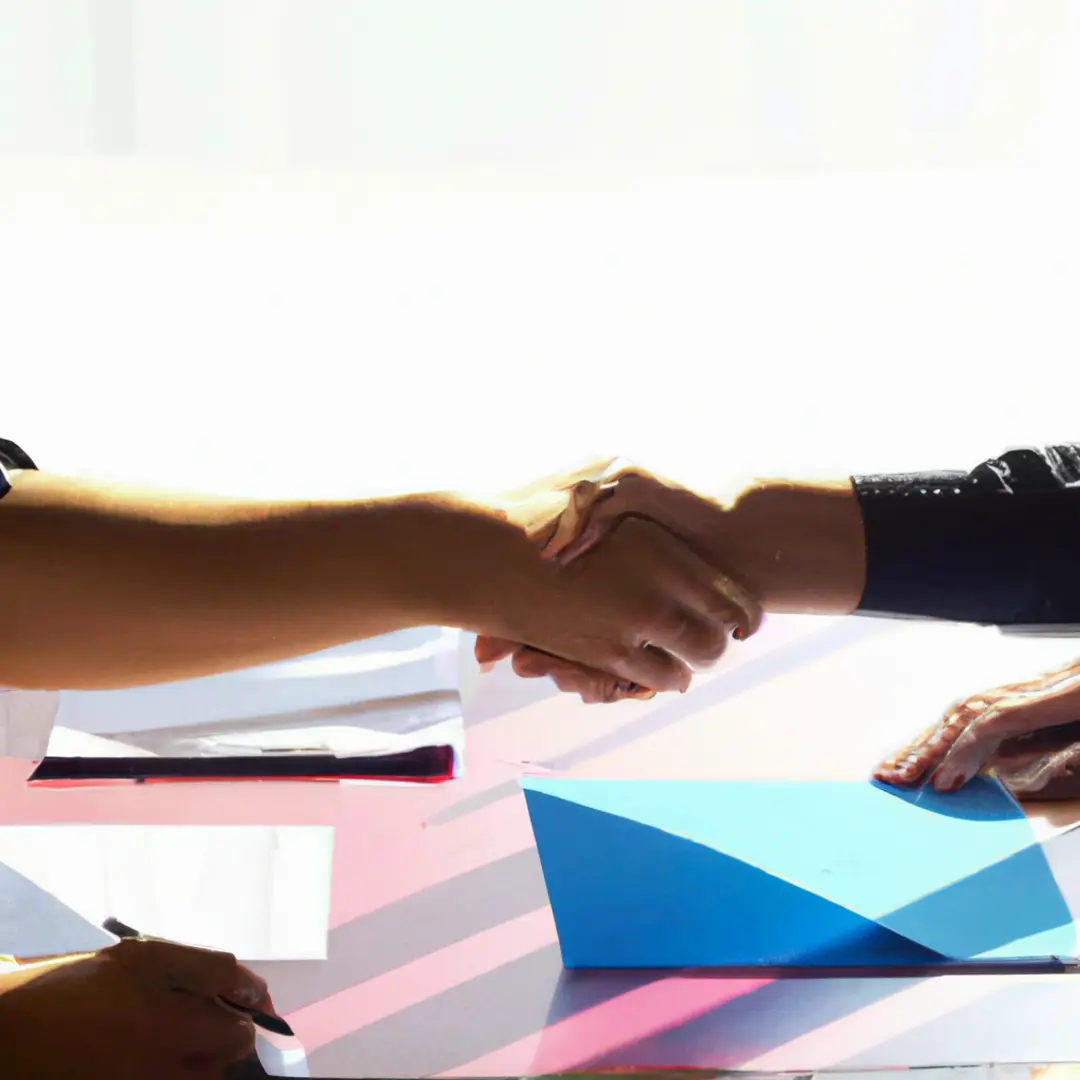 Alternative image alt-text: Silhouettes shaking hands over a table with a term sheet document.