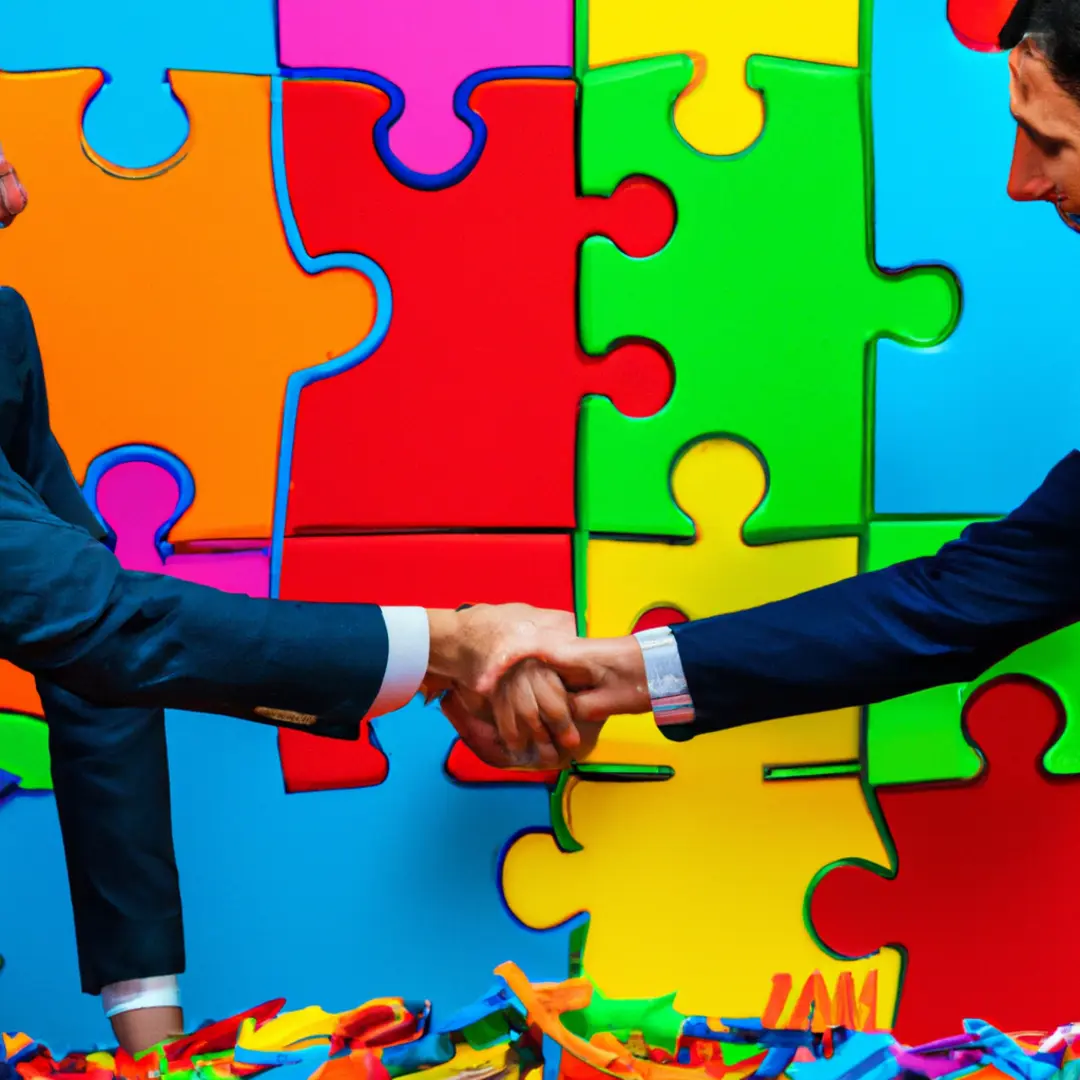 Business partners shaking hands surrounded by arrows and puzzle pieces.