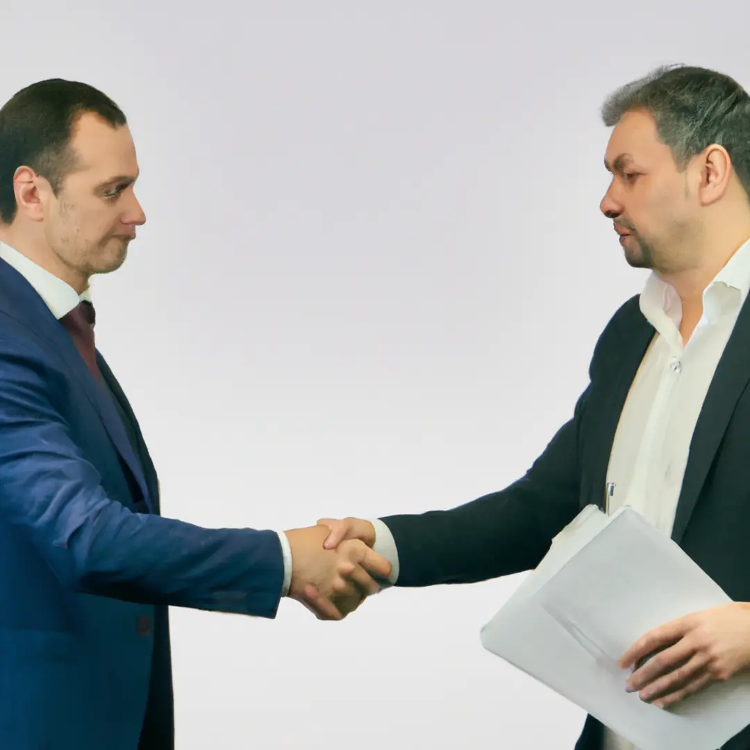 Two businessmen shaking hands, representing the establishment of a regular business partnership review.