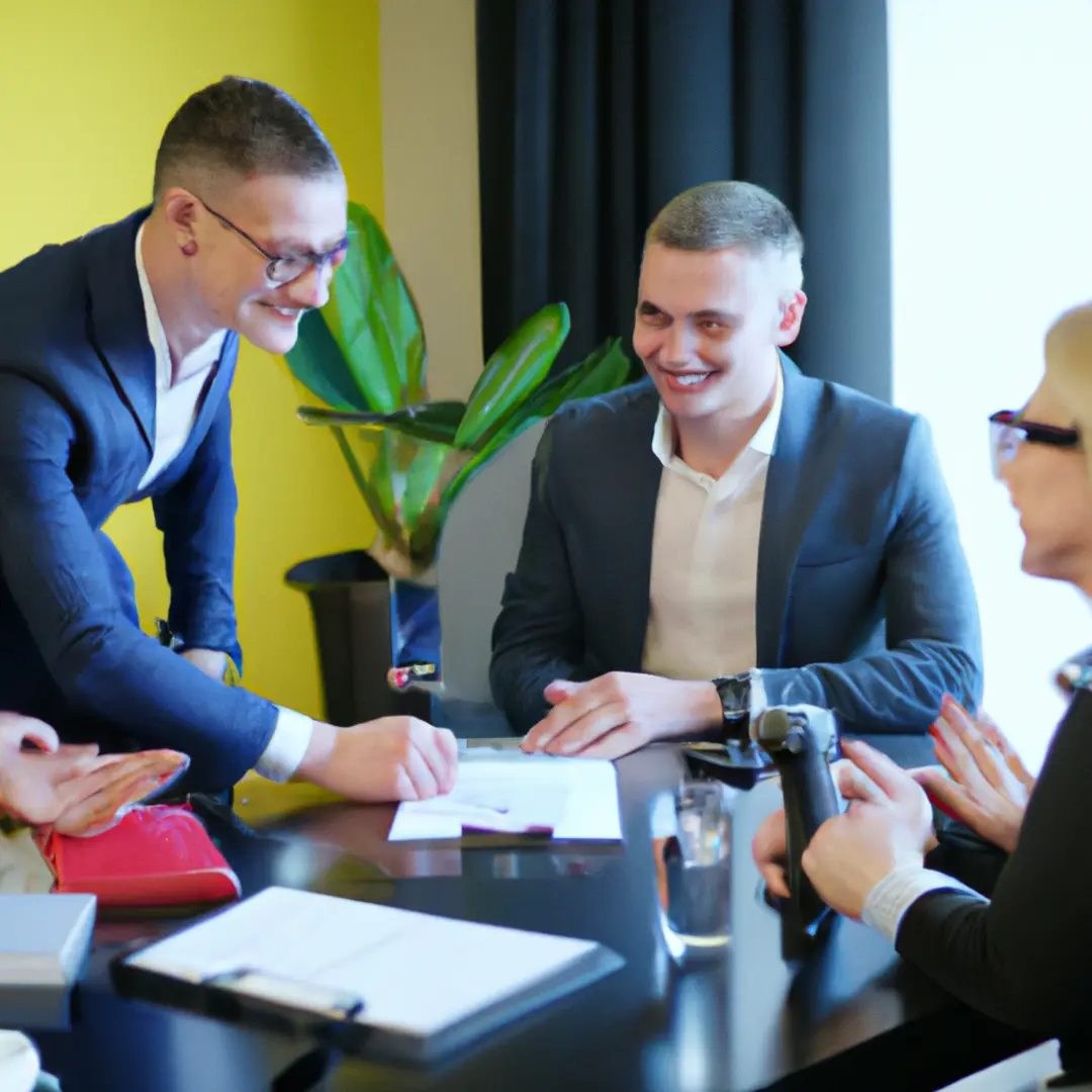 Business people shaking hands with a magnifying glass and documents on the table.