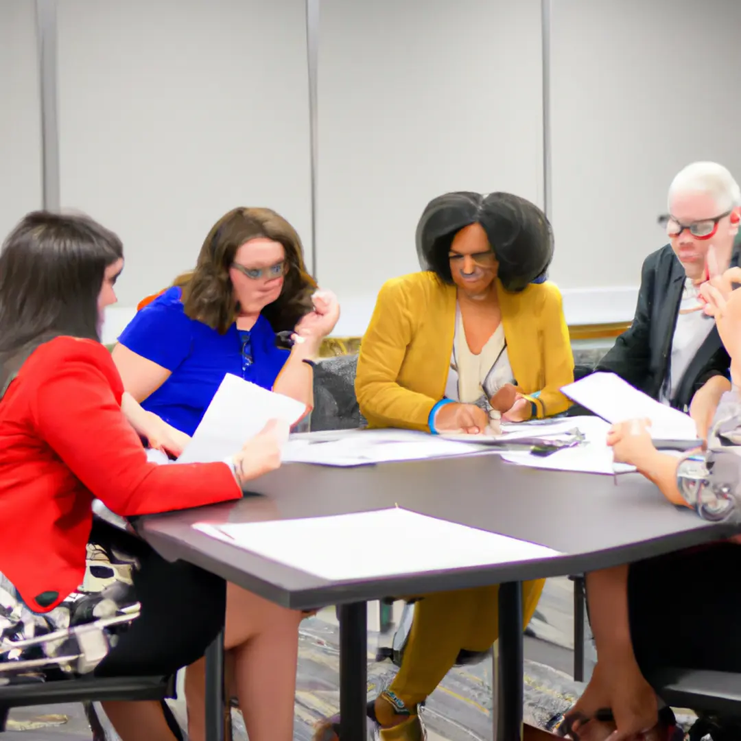 Business partners collaborating and brainstorming ideas at a meeting table.