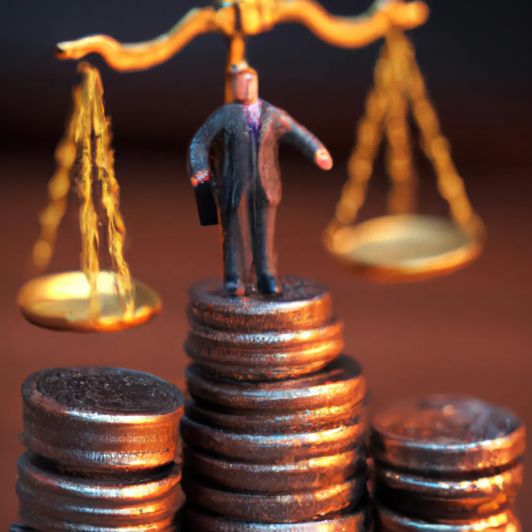 Stacked coins with a miniature lawyer figure standing on top, representing affordable legal solutions for startups.