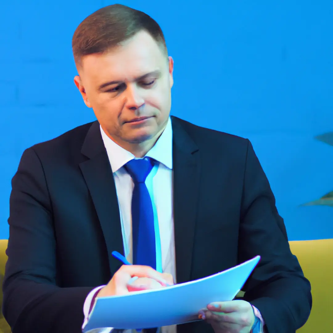 Businessman holding legal documents and pen, preparing for an IPO with a focused expression.