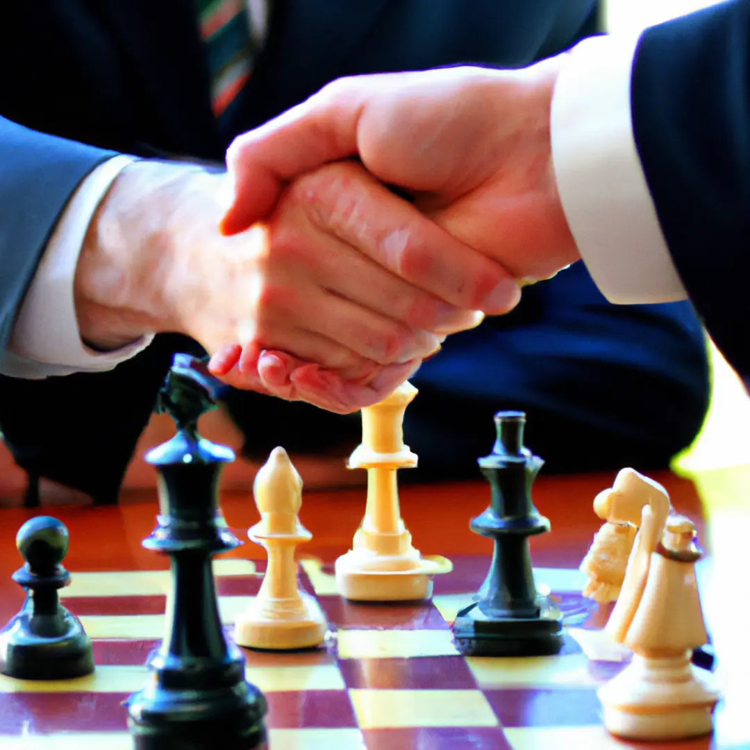 Two hands shaking on a chessboard: Strategies for successful buyout negotiations in business partnerships.