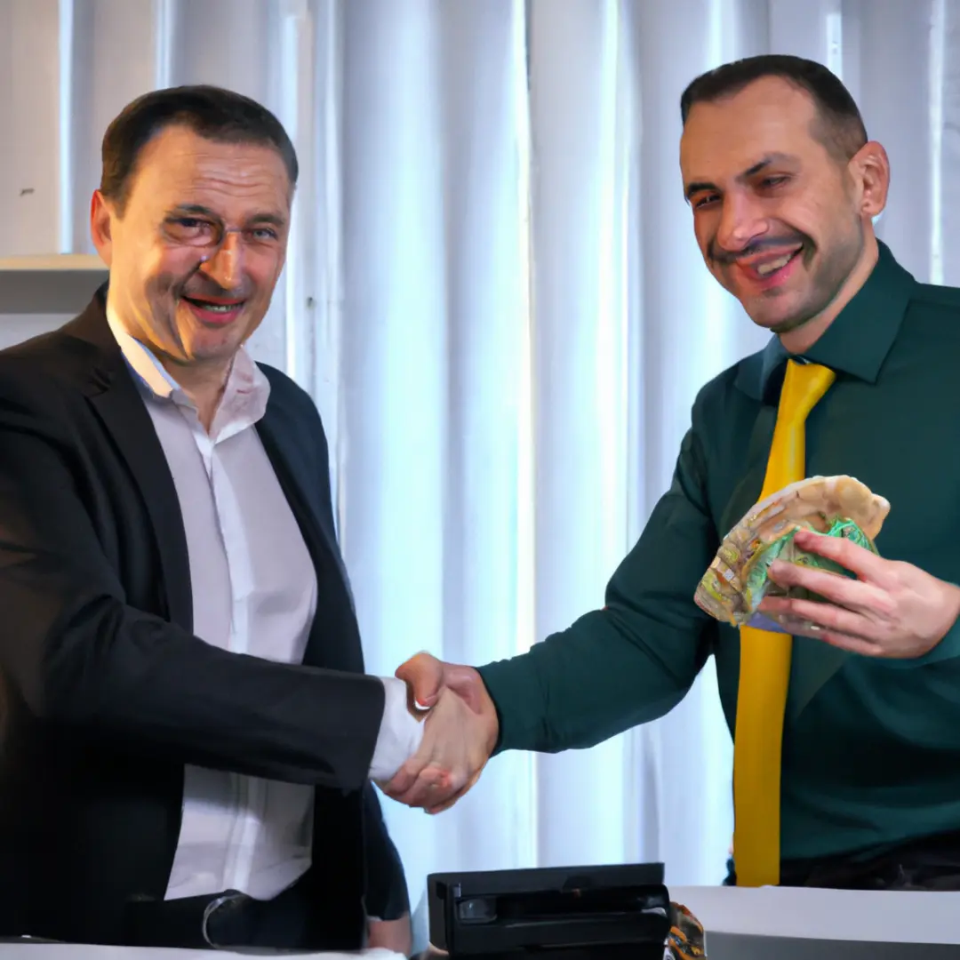 Two businessmen shaking hands with money and a contract on the table.