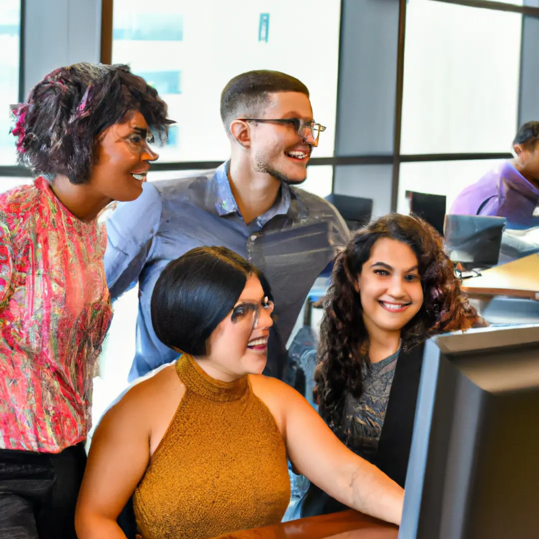 A diverse team of employees collaborating in a modern office space.