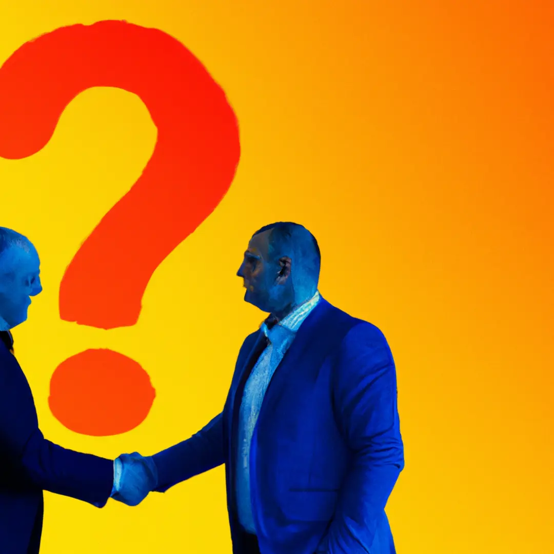 two businessmen shaking hands, representing business partners with a question mark overlay.