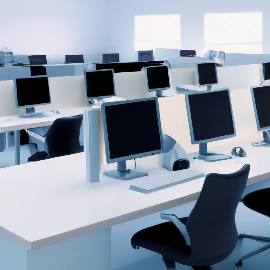 An office environment with numerous unfilled desks and chairs, symbolizing workforce absenteeism.