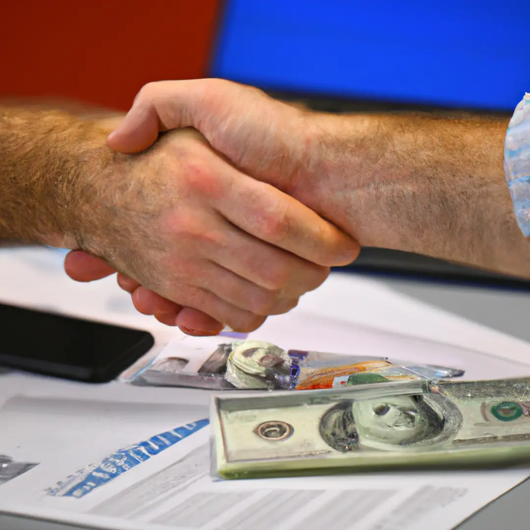 Two business partners shaking hands over a contract on a table with money sign emojis.