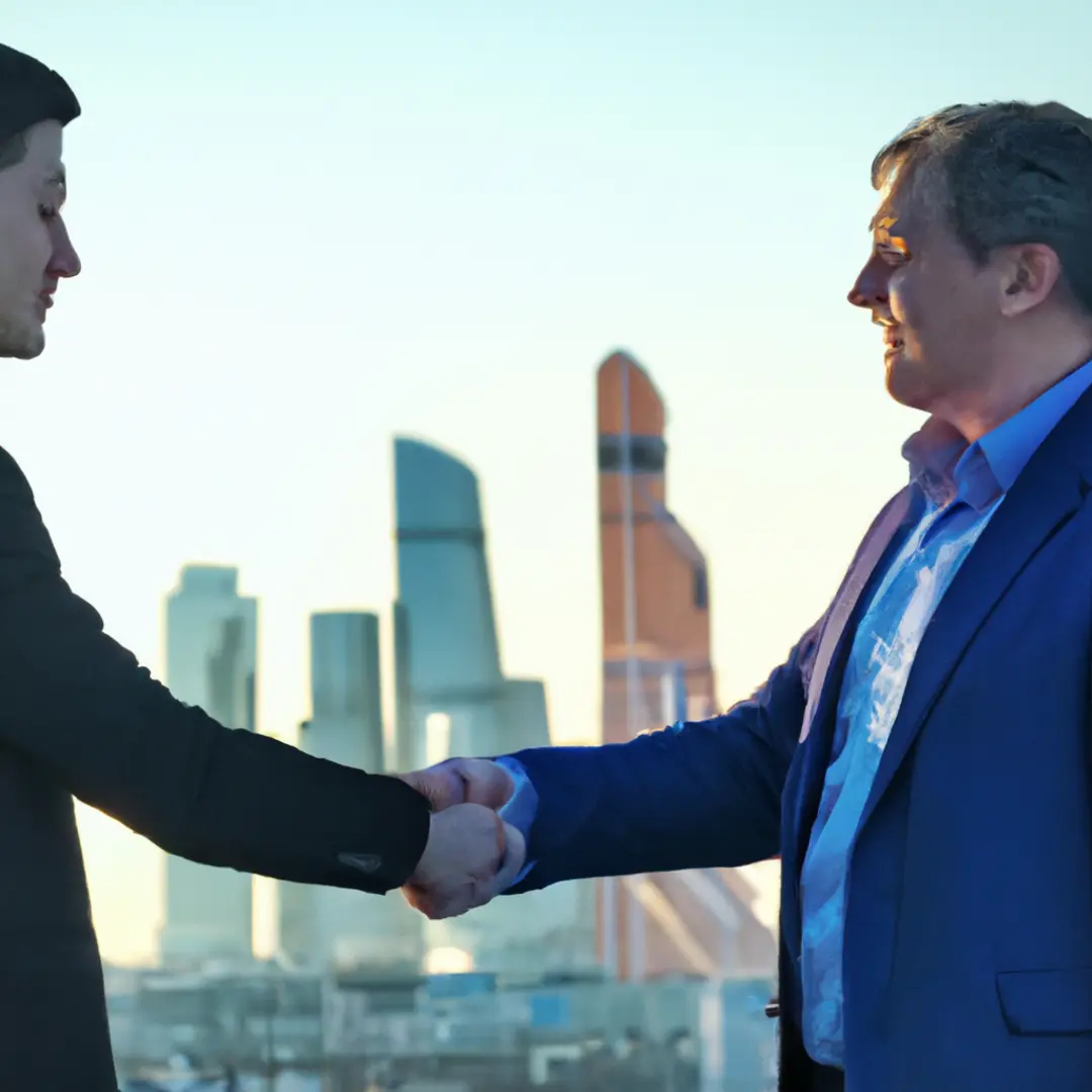 Two businessmen shaking hands in front of a cityscape backdrop, symbolizing successful buyout negotiations.