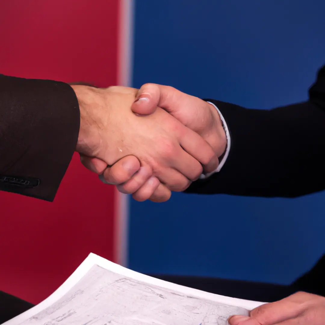 Minimalistic image of legal documents and a handshake