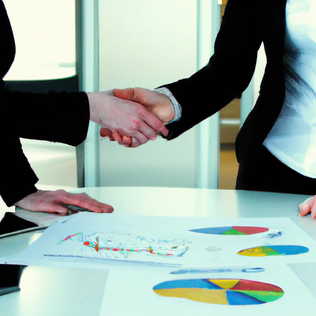 A businesswoman shaking hands with a client over a meeting table filled with graphs and charts.