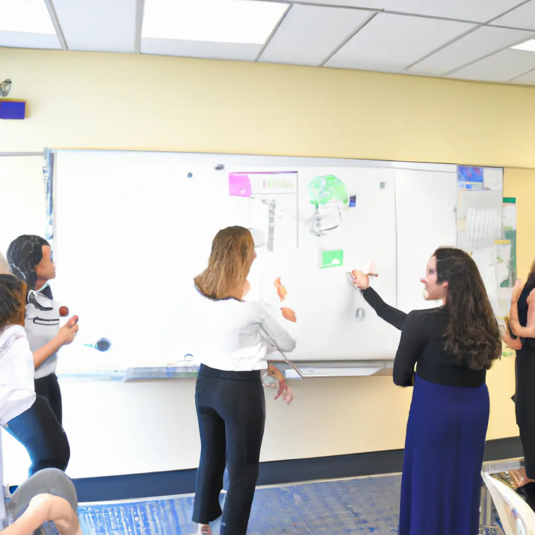 A team of diverse business professionals collaborating on a process flowchart drawn on a whiteboard.