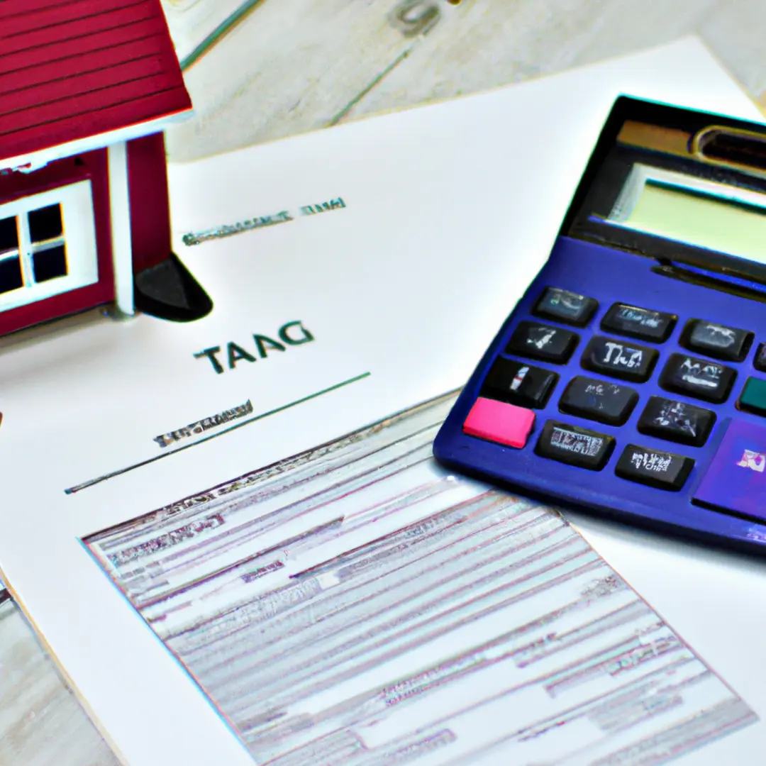 Image of a house with a tax form and calculator, symbolizing property tax calculations.