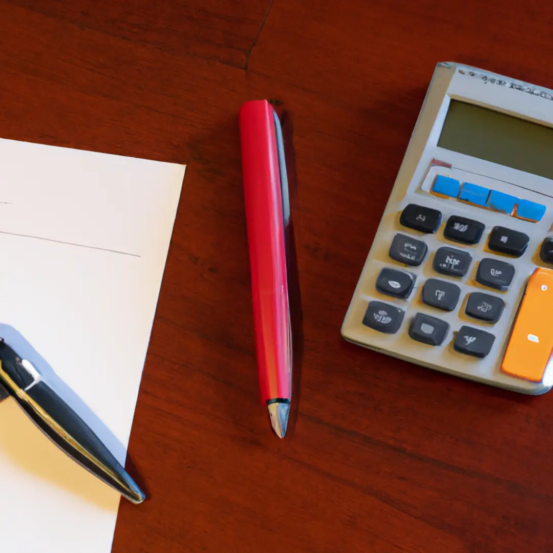 A calculator, pen, and financial documents displayed on a desk.