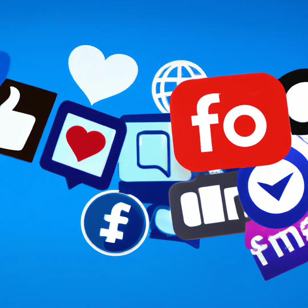 Facebooks logo against a blue background with social networking icons scattered around.