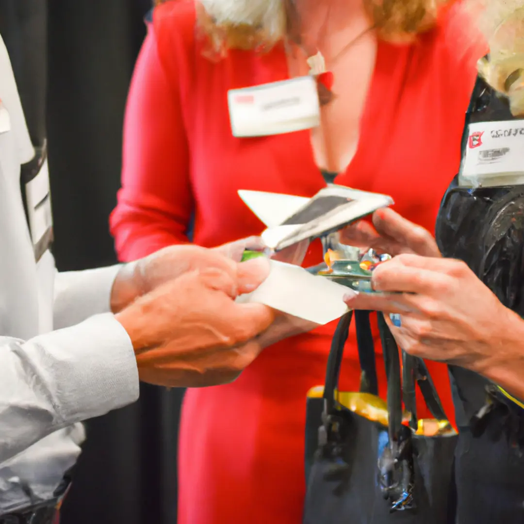 A group of diverse professionals exchanging business cards at a networking event.