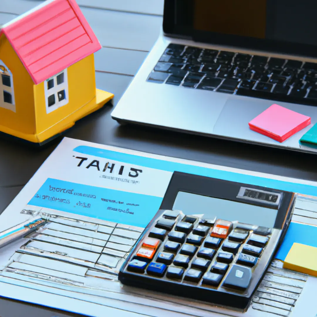 Image of a beautiful house with a tax calculator and property tax form laid out on the table in front.