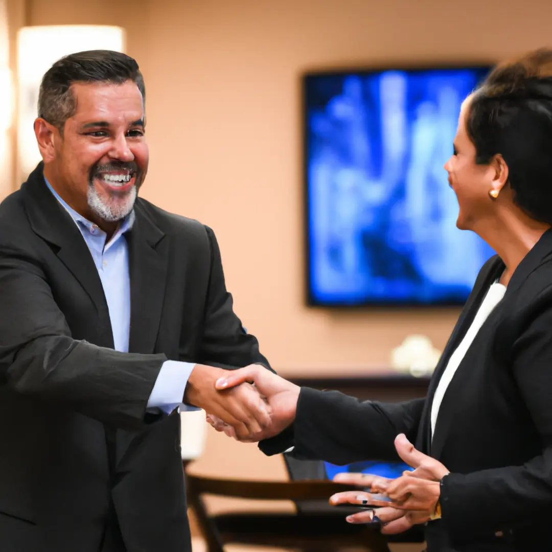 Two business professionals shaking hands in a corporate setting.