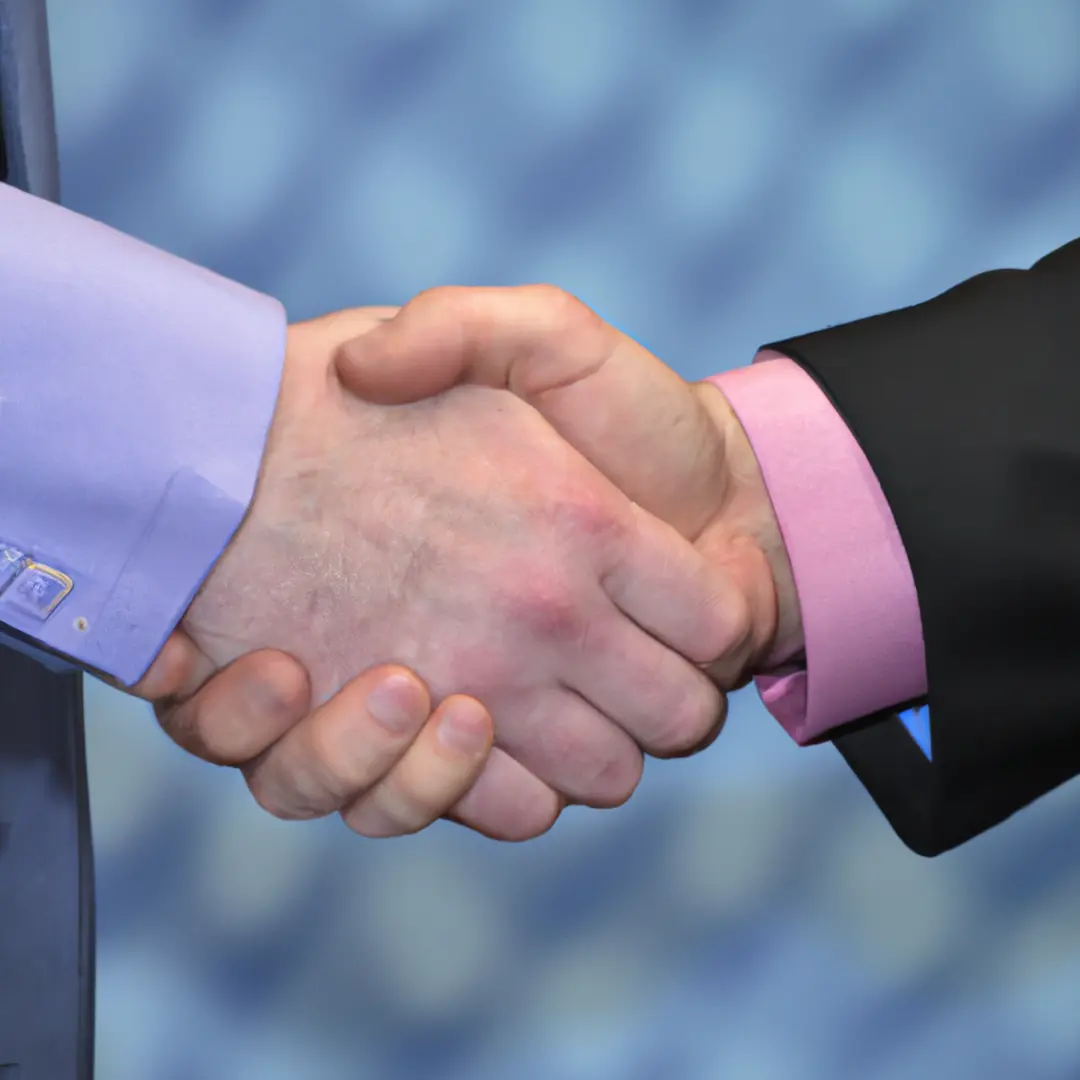 Two businesspeople shaking hands in a corporate setting.