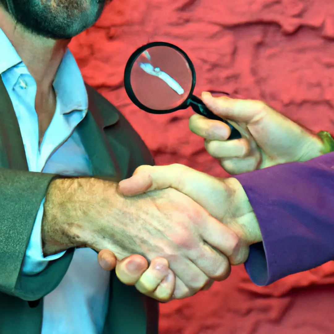 Two businessmen shaking hands with a magnifying glass identifying trustworthiness.