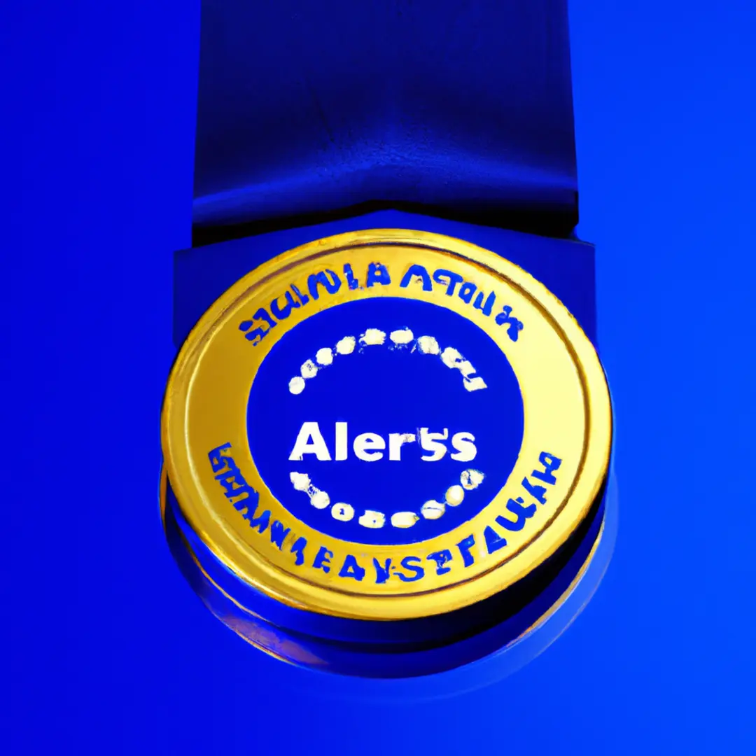 A golden seal of accreditation on a blue background.