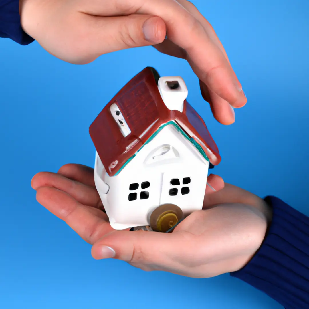 Pair of hands holding a model house and coins