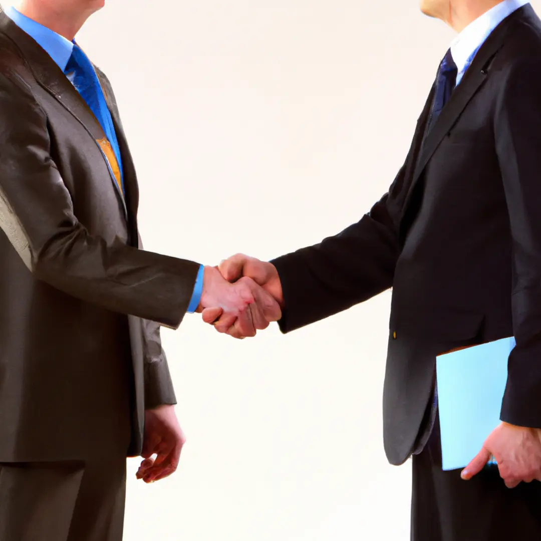 Two businessmen shaking hands, resolving conflict.