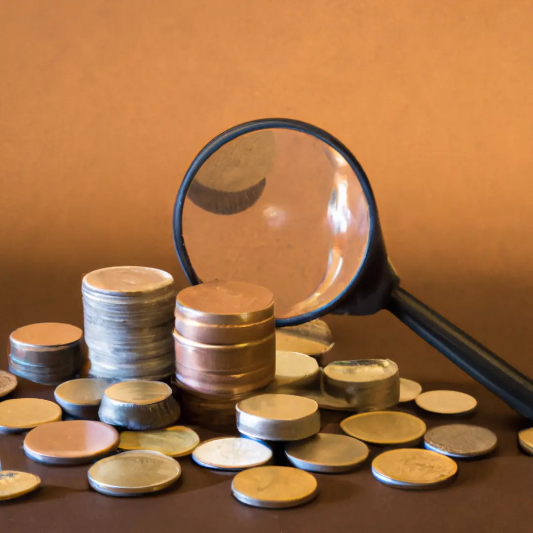 Stack of coins with a magnifying glass, representing the search for affordable legal solutions for startups.