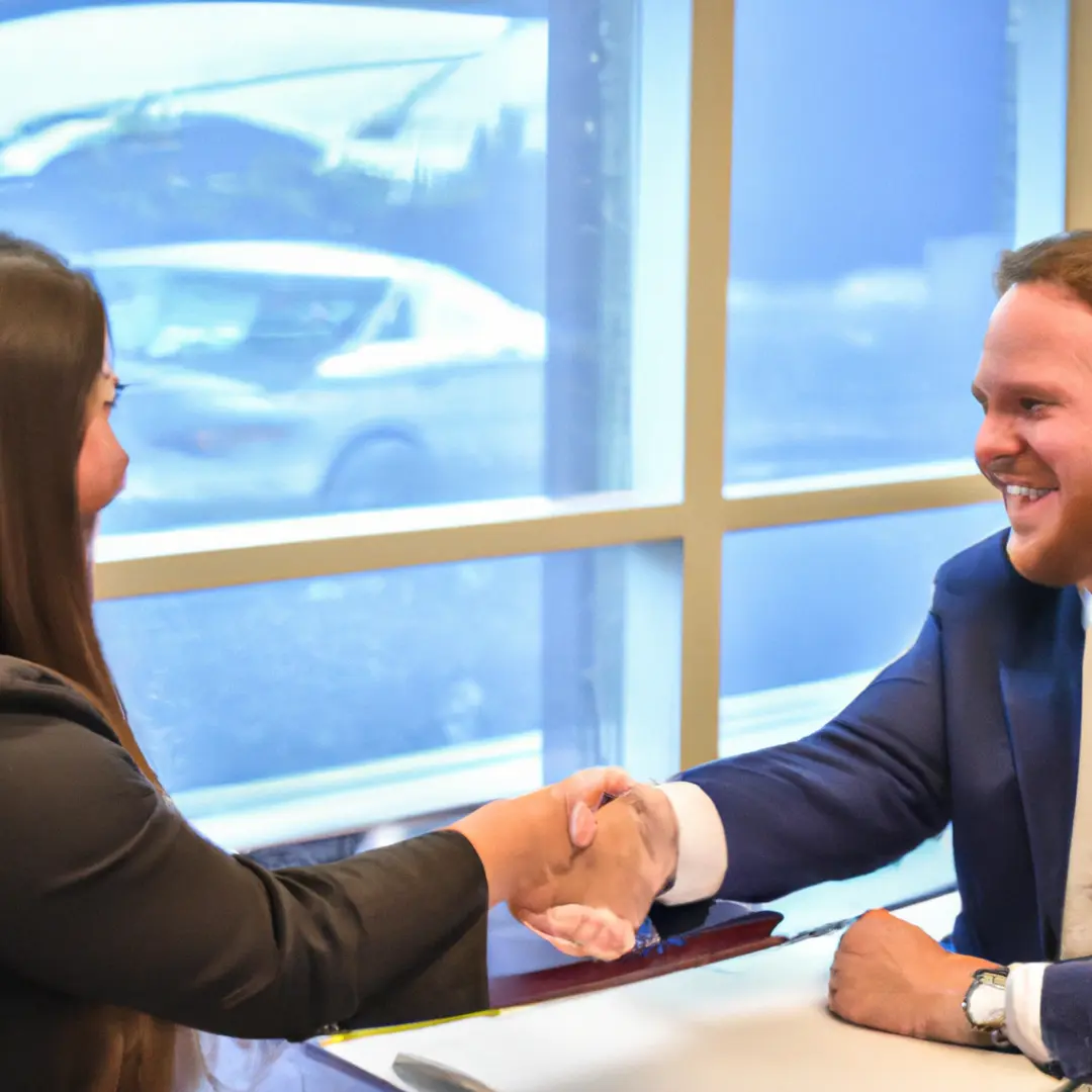 Two professionals shaking hands in a well-lit office setting.