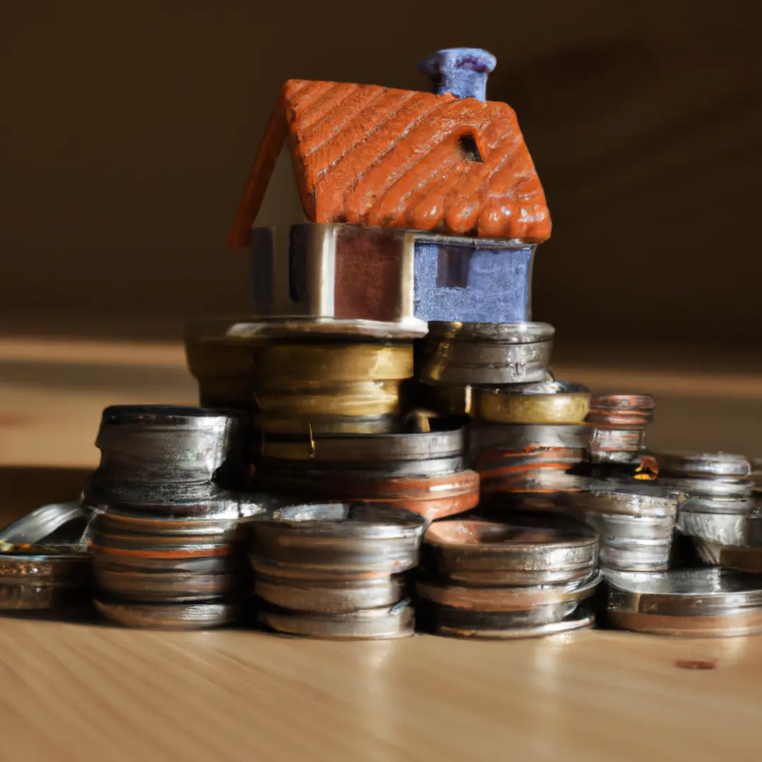 A pile of coins stacked in front of a small model house.