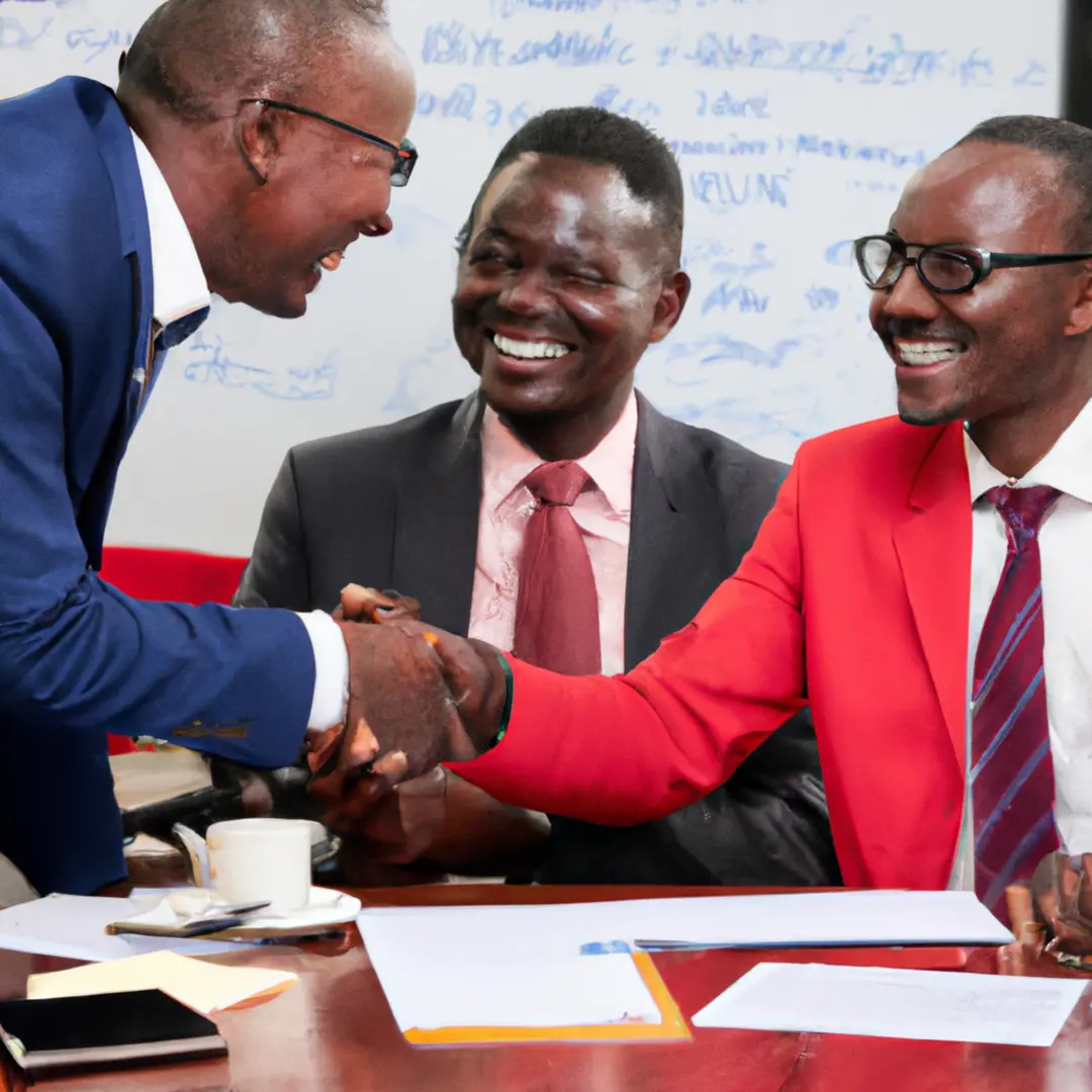 Businesspeople shaking hands over a contract.