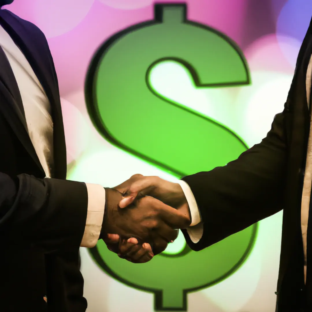 Two businessmen shaking hands with a dollar sign in the background.