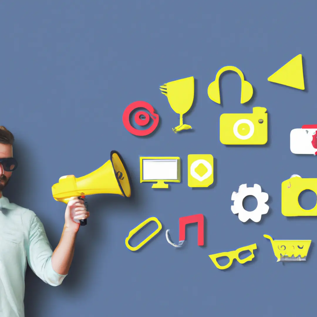 Minimalistic image of a businessman holding a megaphone surrounded by various marketing icons and strategies.