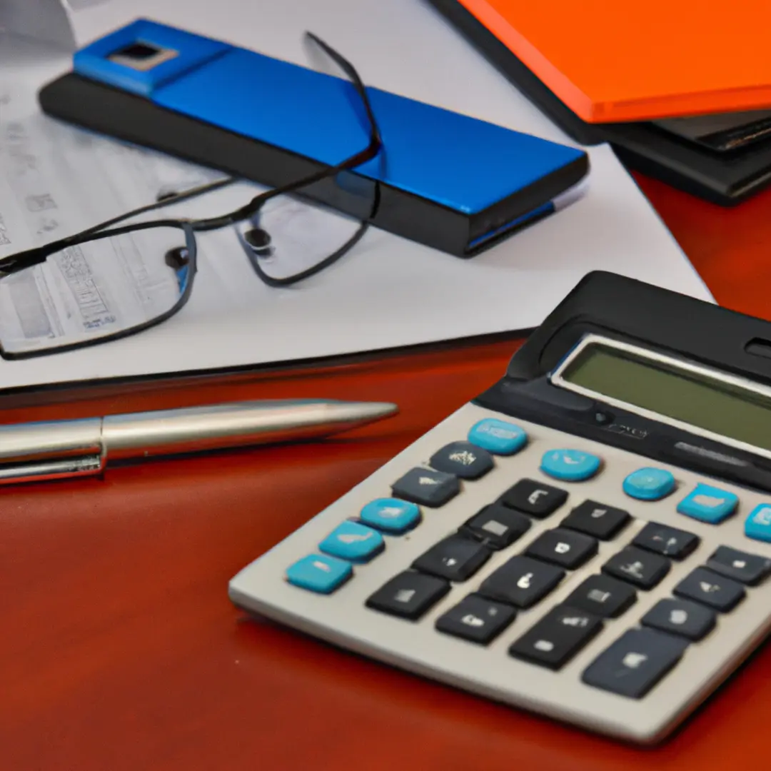 Image of a calculator, pen, glasses, and financial documents spread out on a desk.