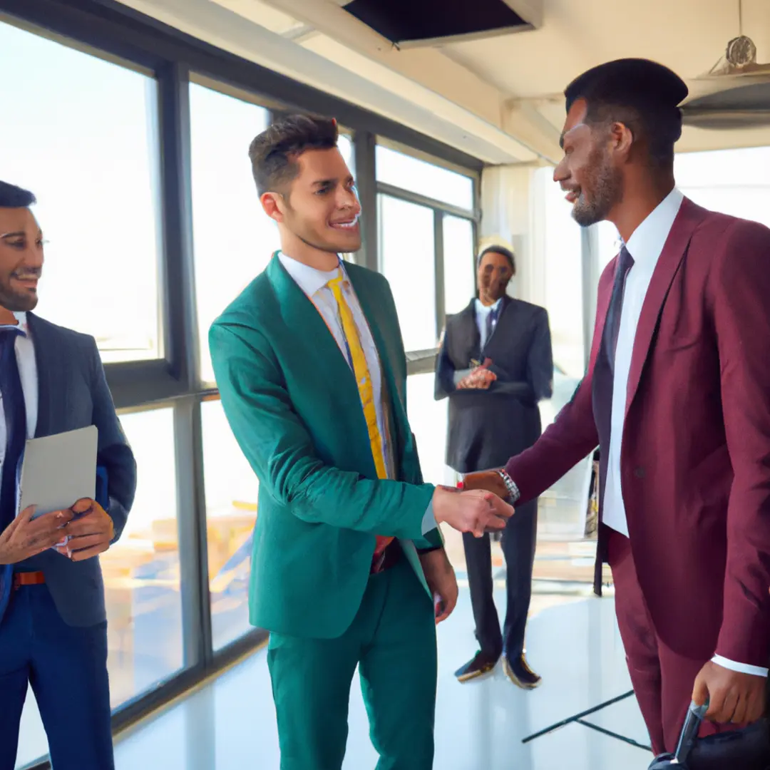 Group of diverse businessmen shaking hands, representing different types of business partnerships.