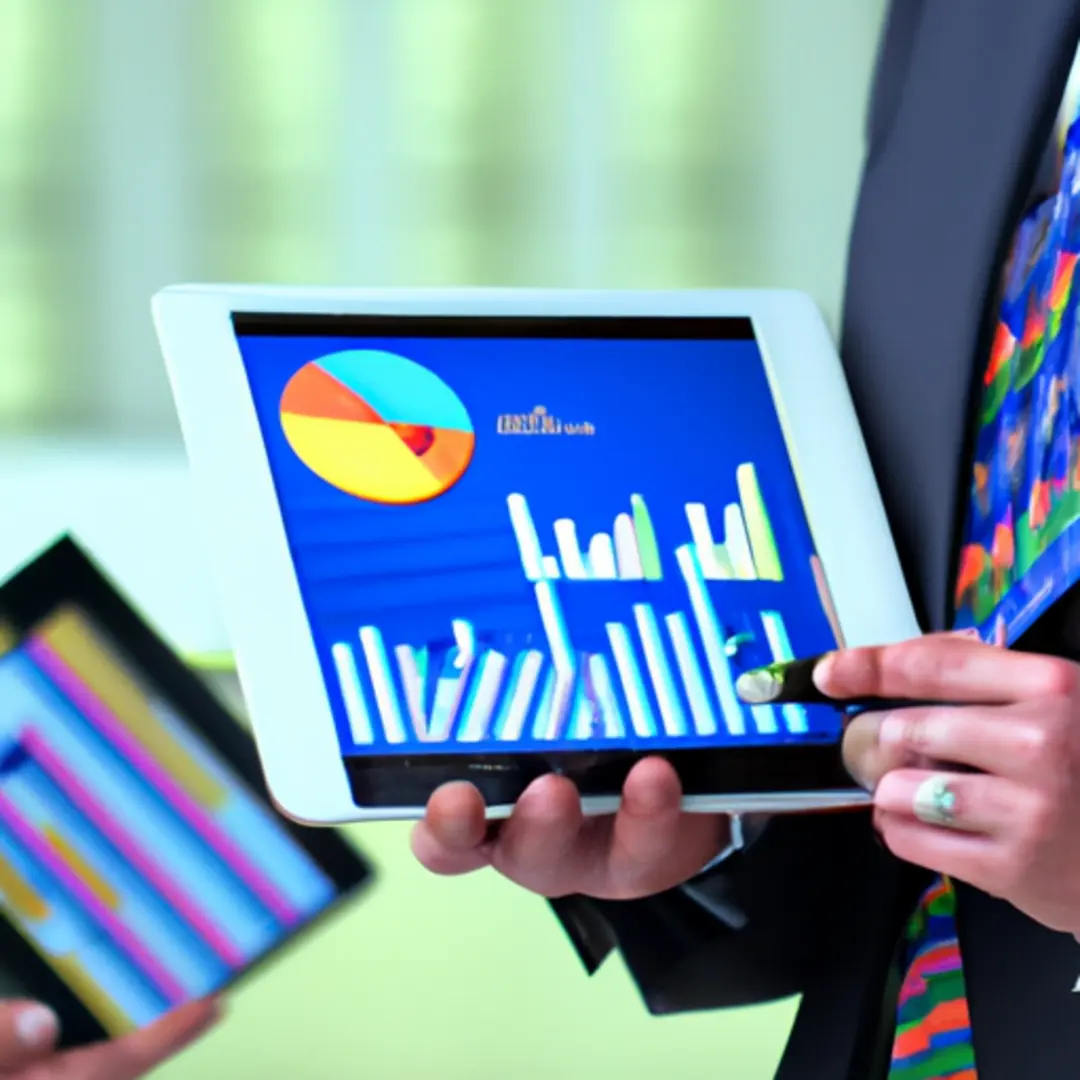 Image of a businessman analyzing colorful growth charts and key performance indicators on a digital tablet.