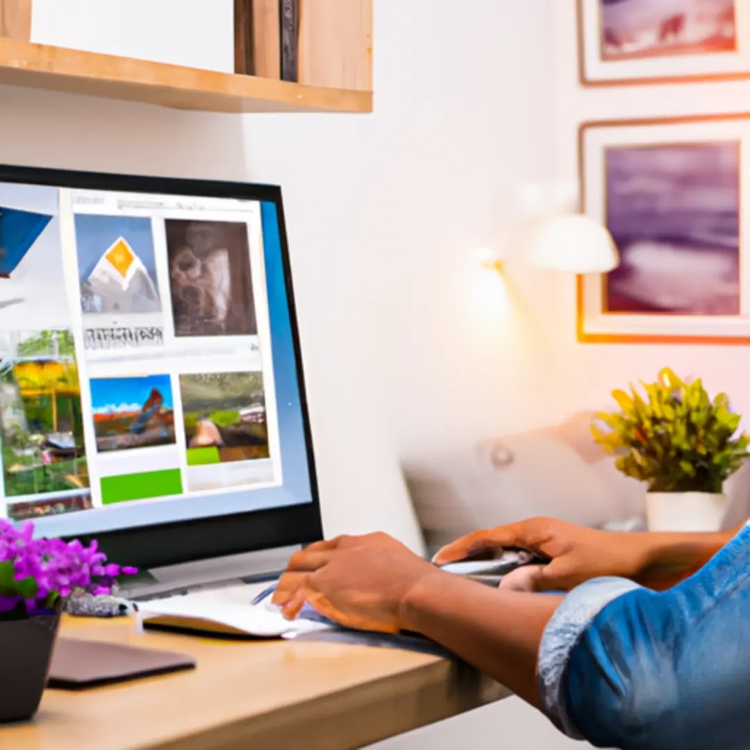 Image of a person swiftly creating social media posts on a computer with real estate images on the screen.