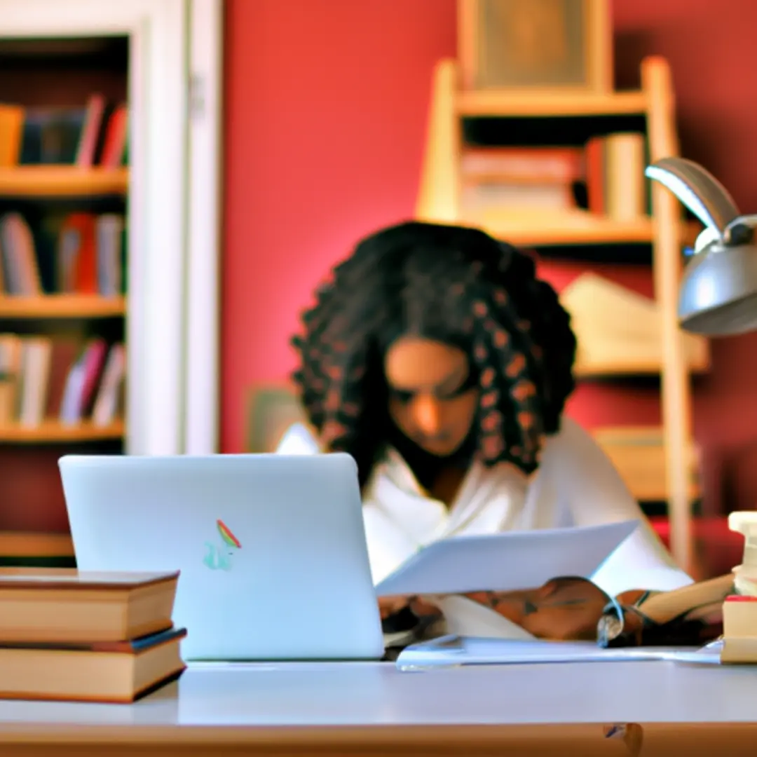 Image of a student writing an original essay, surrounded by books and a laptop displaying plagiarism-checking software.