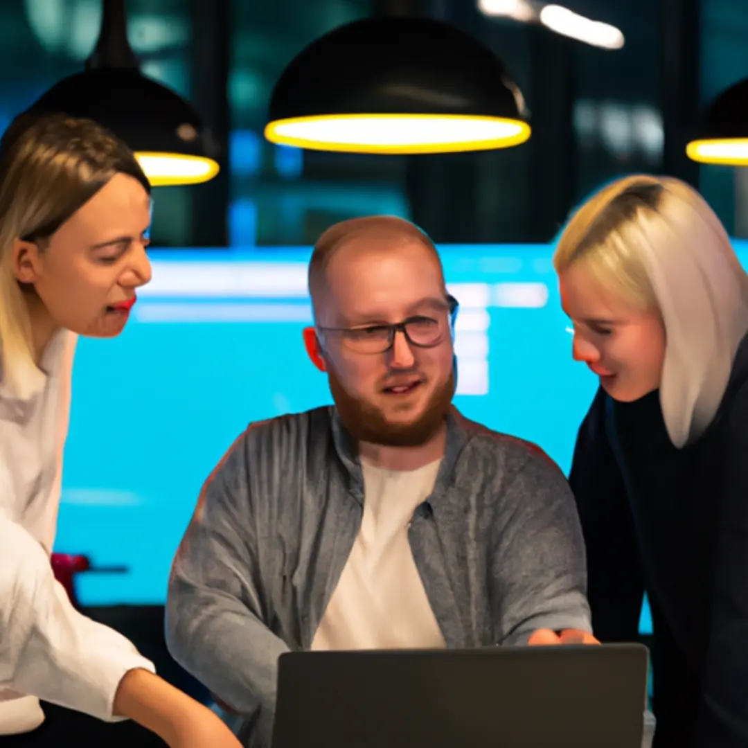 Sales team analyzing social media data on a computer screen.