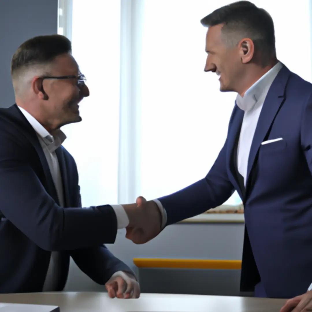 Two business professionals shaking hands with a partnership agreement on the table.