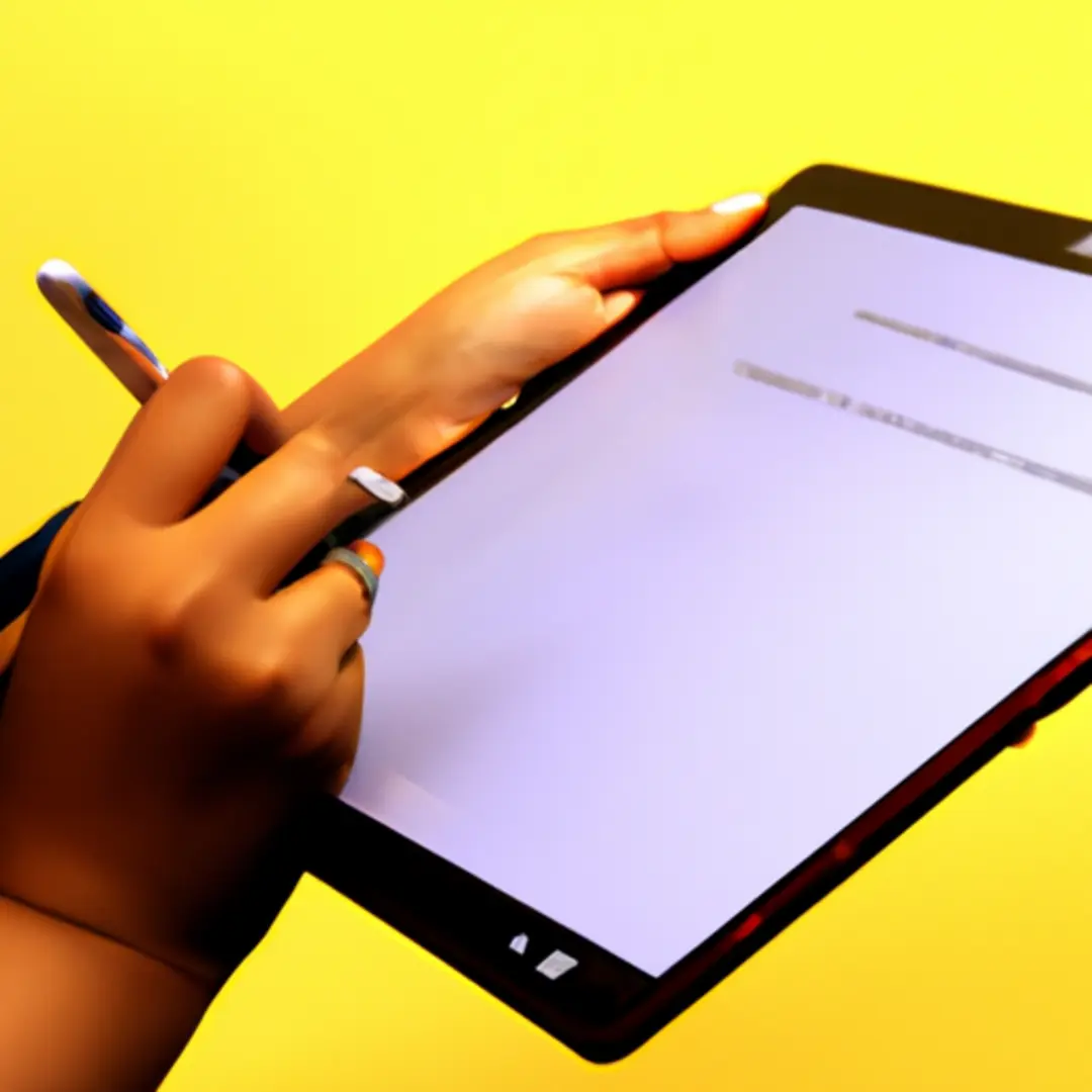 A person designing a colorful and engaging social media post on a digital tablet.